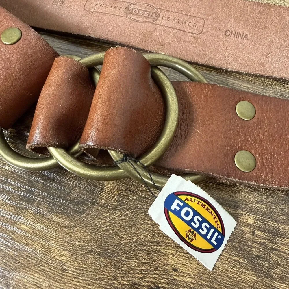 Fossil Brown Genuine Leather Fold-over Belt Triple Ring Buckle Size M Boho - Picture 2 of 8